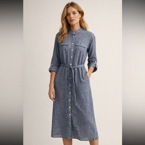 Gerry Weber Casual Linen Midi Shirt Dress Woman 40 Blue Roll Tab Sleeves Office
